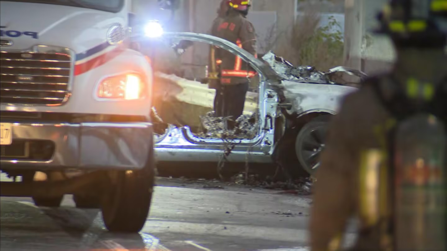 The wreckage of a vehicle is shown after a collision on Lake Shore Boulevard on Thursday, October 24, 2024, which left four people dead.